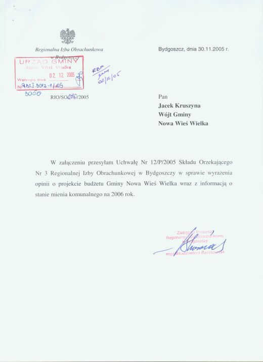 Pismo Regionalnej Izby Obrachunkowej